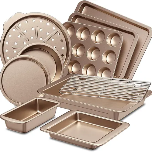 HONGBAKE 10-Pc Teflon-Free Carbon Steel Baking Pan Set, Non-Stick Heavy-Duty Bakeware, Oven-Safe Heat-Resistant 450℉ Baking Sheets, Long-Lasting Performance Baking Supplies for Home Bakers,sohochic