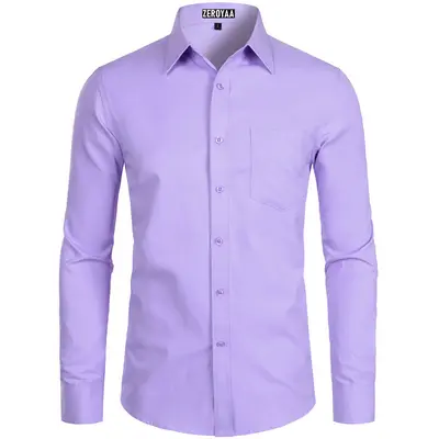 Zeroyaa Men's Long Sleeve Button Up Shirts Solid Slim Fit Casual Business Formal Dress Shirt with Pocket Menswear Korean summer outfits men funny shirts Top Thin Soft Plain,sohochic