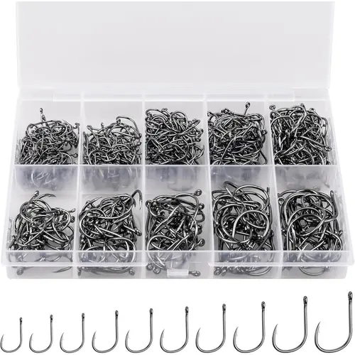 ReeMoo Premium Fishing Hooks 500PCS/12PCS, 10 Sizes Carbon Steel Hooks W/Portable Box, Strong Sharp Barbs for Freshwater/Seawater Fishing