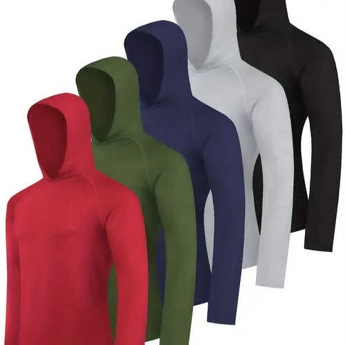 Hovsiyla 5pcs Men's Athletic Hoodie Shirts - Moisture-Wicking, Breathable Polyester Blend, Long Sleeve - Hooded Design for Casual, Fishing, Running & Outdoor Activities summerwins