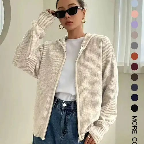 Women's Solid-Color Zip-Up Hooded Cardigan, Womenswear Casual Fit Basic Long Sleeve Knitting Knitwear for Fall & Winter, Ladies' Fashion Sweater for Daily Wear, Knit Sweater Tops, Casual Comfy Top