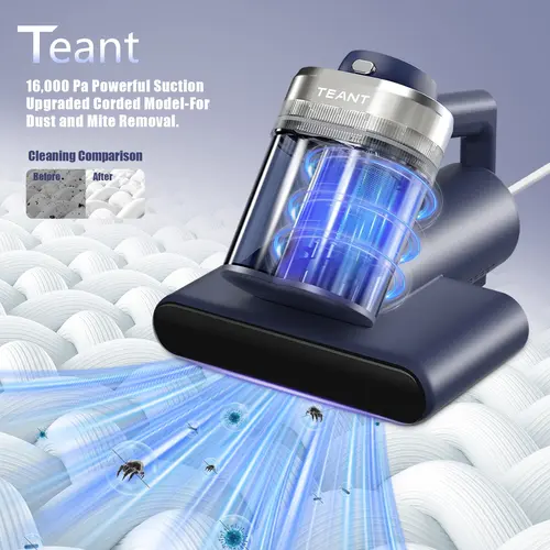 Teant Handheld Filtered Vacuum Cleaner - 16kPa Deep Suction (16000 Pa), UV-C Dust Mite Removal, Double-Cup, 99.97% HEPA Filter, LED Display, 149°F Hot Air, Aroma & Anion, ABS Plastic, for Bed, Couch Deep Cleaning,sohochic