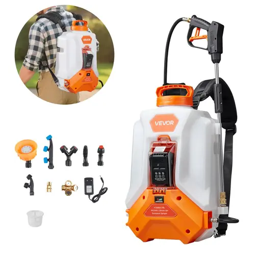 【summerfinds】VEVOR Battery Powered Backpack Sprayer, Electric Back Pack Sprayer 4 Gallon, 2 Wands & 8 Nozzles, Adjustable 0-90 PSI, 4H Runtime, Portable Lawn & Garden Sprayers for Weeding, Spraying, Cleaning,Battery kit included,campingessentials,outdo