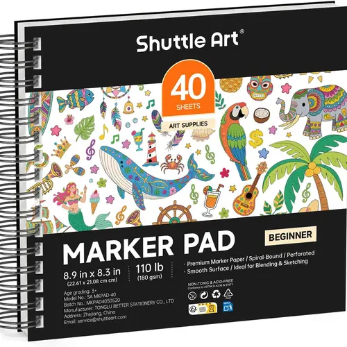Shuttle Art Marker Pad, Portable Sketchbook, 40/70 Sheets Marker Drawing Paper, 110LB/180GSM Smooth Surface Bleedproof Art Paper, Spiral-Bound, Great for Beginners to Draw, Paint & Sketch,Additional Transparent Sheet