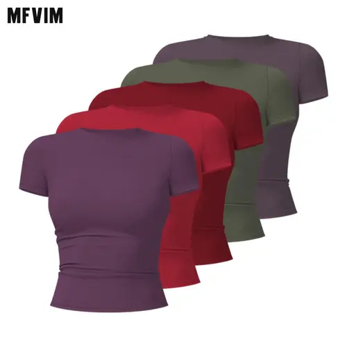 Women's Plain Slim Fit Stretch Short Sleeve Crew Neck T Shirt Athletic Apparel, Gym Workout Apparel, Casual Sports Tops for Gym, Running