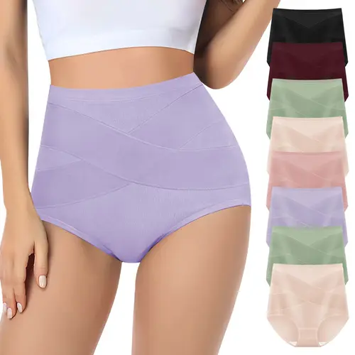 Morelect Women's Basic 8-Pack Cotton High-Waisted Solid Color Soft Comfy Briefs Set 1 - Cross Support Tummy Control, Breathable Slimming, Full Coverage, Workout-to-Travel All-Season Daily Wear, Mother's Day Gift