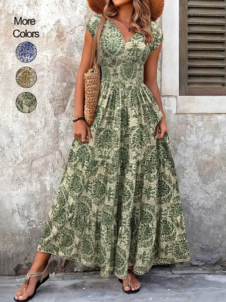 Women's All Over Print Shirred Flowy Maxi Dress, Boho Bohemian Style Fashion Short Sleeve V Neck Dress for Daily Holiday Vacation Wear, Women Dress for Summer