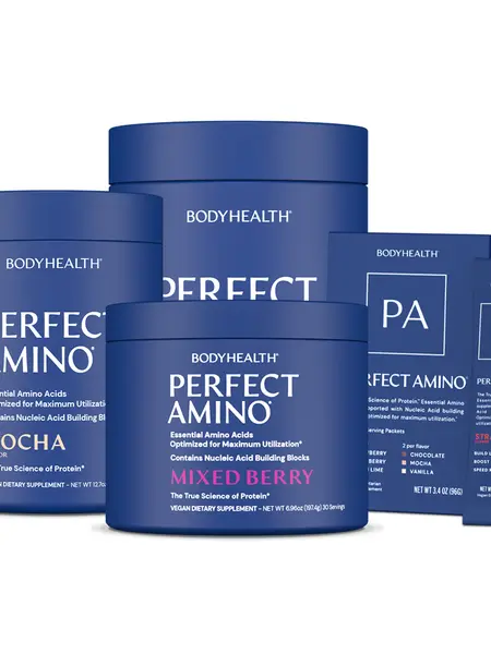BODYHEALTH PerfectAmino Powder - Essential Amino Acids for Muscle Recovery - 6x The Protein of Whey, Vegan, No Gluten, No Dairy, No Soy, No MSG, No Artificial Sweeteners, Collagen Fitness Supplement - Dietary, Healthcare - 6 Flavors protein powder