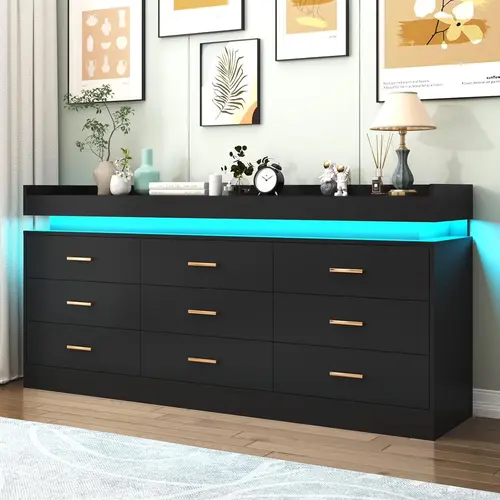 9 Drawer/10 Drawer/12 Drawer Dresser with LED Light and Charging Station, Modern Chest of Drawers for Closet, Wide Drawer Organizer Cabinet for Bedroom, Living Room, Entryway, Hallway, Black/White