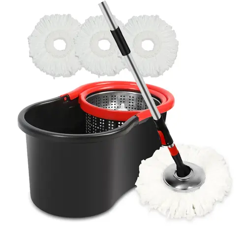 Virul Rotatable Spin Bucket System Mop Set - Sturdy EasyWring Self Squeezing Spin Mop, Stainless Steel Construction, 360-Degree Rotation, Press-Shake Wringer, Adjustable Height Handle, 3 Microfiber Refills, Wet/Dry Floor Cleaner, Easywring Spin Mop, Self