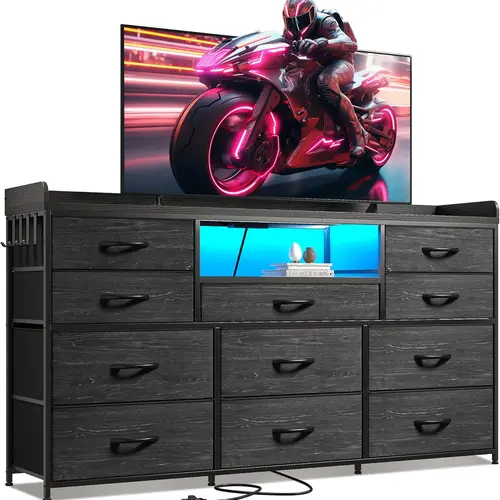 【Hot seller On Sale】Raybee Dresser for Bedroom with 8/11 Drawers, Up to 60" TV Stand for Bedroom with LED Lights & Charging Station, Sturdy Dresser with Shelves & 4 Hooks Sturdy Metal Frame & Fabric Drawers, Ideal Home Organizer for Bedroom,Hallway