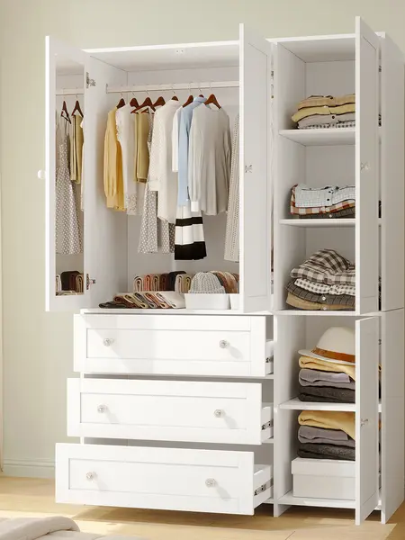 【2 Packages Delivery】VOWNER Wardrobe Closet Armoire Storage Cabinet 3 Doors with Hanging Rod for Hanging Clothes Bedroom Large Capacity Tall Freestanding Armoire Organizer with Shelves particle board