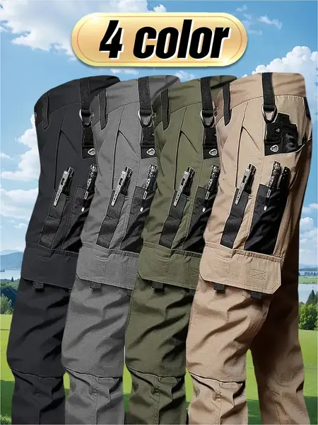 Men's durable outdoor training pants, men's multi-pocket work pants, men's solid color and printed pocket zipper waterproof tactical cargo pants without belt, regular fit sports pocket durable autumn pants.