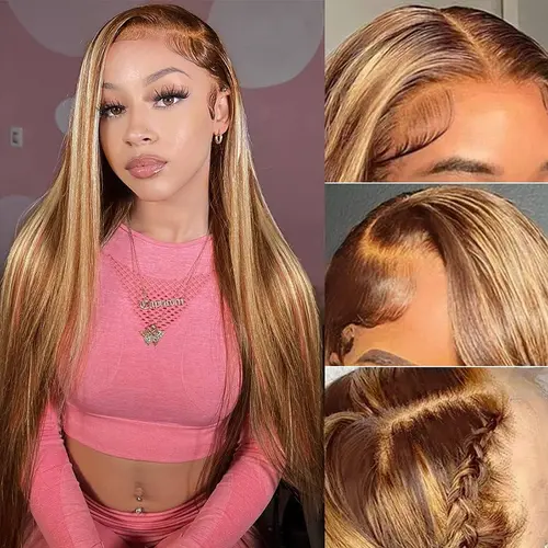 Pizazz 13x6 Ombre Highlight Lace Front Wigs Human Hair with Baby Hair 220 Density 4/27 Honey Blonde straight Lace Frontal Wigs Human Hair