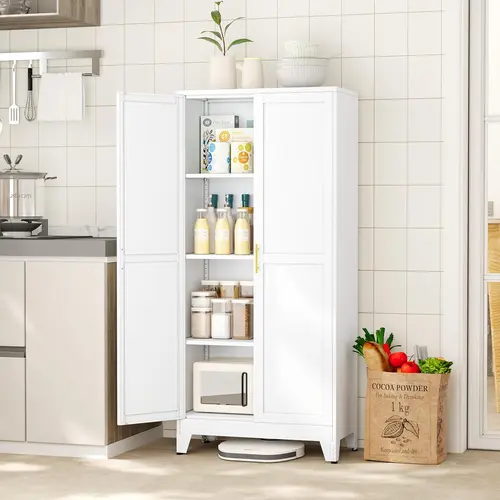 GEITIN 47.25" Metal Pantry Cabinet Kitchen Furniture - Freestanding Floor Storage Cabinet with 2 Doors, Adjustable Shelves, Gold Handles for Kitchen, Laundry Room, Bathroom, Freestanding Cabinet