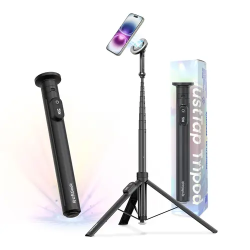 KraftGeek JustTap 66" Auto-Open Tripod – MagSafe Version [Clamp Version（No magnetic attraction） in Same Link]with Remote, for iPhone/Android, Vlog/Travel，Black/White/Pink, Accessories, Smartphone, Mobile, Cellphone