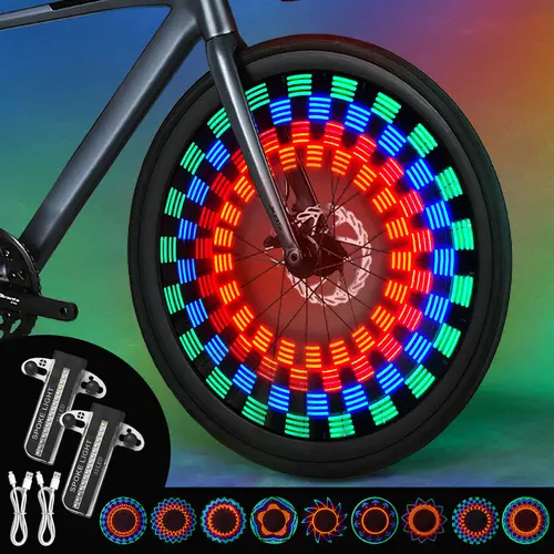 MoKo Smart Bicycle Lights 2-Pack, IPX5 Waterproof 18-Color Pattern Tire Lights with 20s Inactive Off & Green Fully Charged Indicator, for Standard Spoked Wheels Over 20", Night Riding Safety Gear for Adults