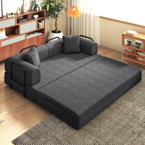 Convertible Coarser Corduroy Sleeper Sofa Bed with Cylindrical Pillow, Folding Mattress Couch with Fixed-Shape Frame, Floor Sofa Lounge Couch for Living Room Bedroom Lounge Studio, Beige