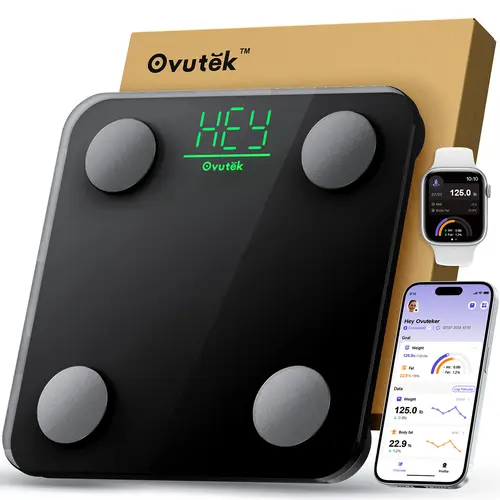 Ovutek Smart Scale (Smartscale) - Bluetooth Digital Bathroom Weighing Scale, Accurate Body Composition & BMI Monitor, Compact Black Design, 400lb Capacity, Smartphone App for Health Tracking