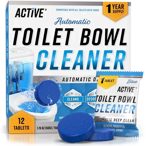 ACTIVE Automatic Toilet Bowl Cleaner Tablets Blue Gel Toilet Tank Cleaners, Septic-Safe Hard Water Ring Stain Remover, Smell Eliminator Heavy Duty Toilet Cleaning & Deodorizer, Fresh Scent - 12 Tabs