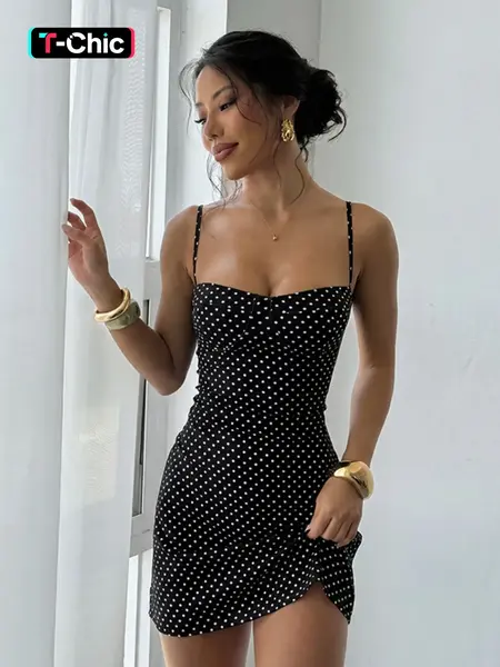 Sexy Stylish Comfortable Polka Dot Backless Spaghetti Strap Dress, Women's Fashion Casual Chic Trendy Dress Sleeveless Fitted Wear for All Seasons, Womenswear