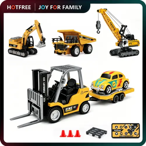 Hotfree 1/64 Mini RC Forklift ‑ RC Construction Truck, Excavator Bulldozer Dump Truck Crane Toy, 11‑Channel 2.4Ghz Remote Control Alloy Vehicle with USB Recharge, 2‑in‑1 Lift Fork & Hook, USB‑C Charging, Ideal Boys Kids Gift for Birthday & Christmas