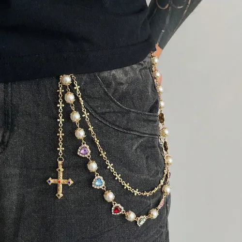 Vintage Colorful Rhinestone Cross Pants Chain, Men's Hip Hop Body Chain for Pants Decoration, Unique Fashion Accessory Vintage Body Jewelry Body Jewellery