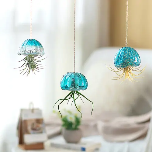 3Pcs Jellyfish Glass Hanging Air Plant Holder with Jute Ropes - Cute Planters for Tillandsia Succulents, Indoor Plant Decor for Kitchen, Container Gardening Botanical Aesthetic Wind Chimes DIY Support,sohochic