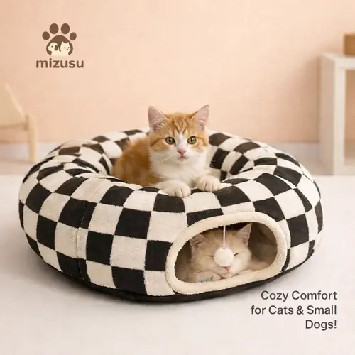 Mizusu 2-in-1 Play & Nap Fluffy Round Pet Bed - Soft Shaggy Plush Round Tunnel Bed with Machinewash Inner Cushion, Peekaboo Cave for Cats & Small Dogs, Quick Wash Clean, Play + Sleep