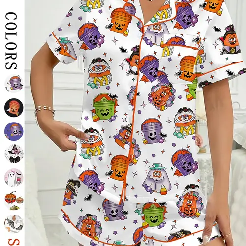 Women's Halloween Bat Print Pajama Set, Casual Comfy Short Sleeve Top & Shorts Loungewear Set, Ladies Sleepwear for All Seasons, Knit