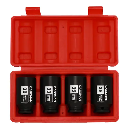CASOMAN 4pcs Impact Sockets Set - 1/2'' Drive 6-Point CR-MO (Chromium-Molybdenum Steel) Deep Spindle Reach Socket Wrench Set, Metric 32/33/35/36mm Laser Etched Heavy Duty Hand Tools for Car Repairs, Ideal for DIY Enthusiasts,toolupgrade