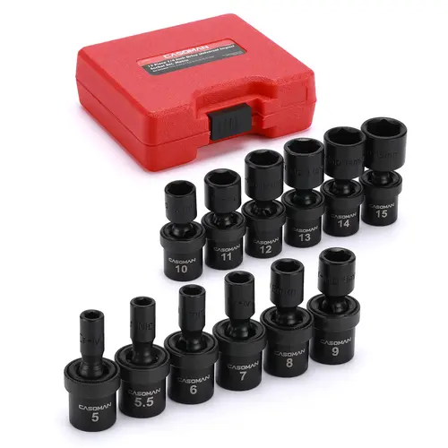 CASOMAN 1/4-Inch Drive Shallow Metric 6-Point Cr-Mo Steel Impact Sockets Set - 12-Piece 5mm-15mm Socket Wrenches with 360° Full Rotation Swivel Head, Mechanic Work Tools,toolupgrade