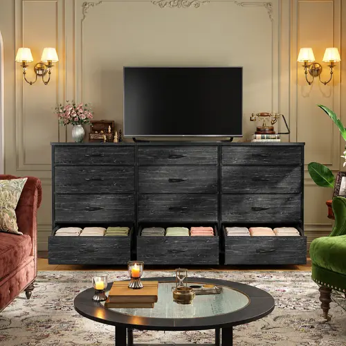 【24H Online Help】Raybee 55" Long Dresser with 12 Deep Drawers for Bedroom, Aesthetic Fabric Chest of Drawers, Large TV Stand Cabinet for Up to 60" TV, Wide Double Dresser Clothes Organizer Credenza for Women Teens, Living Room, Closet, Entryway, Office