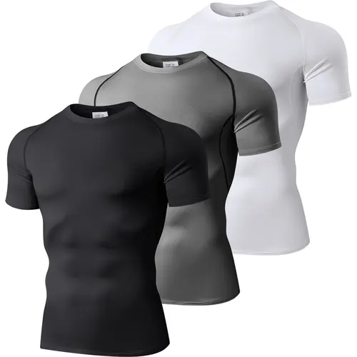 Men's 3-Pieces Short-Sleeved Compression T-Shirts, Athletic Slim Fit UV-Protective Base Layer, Moisture Wicking Quick Dry Sport Activewear for Workout, Breathable Athleisure Wear (Do Not Dry Clean)