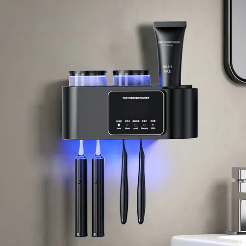 Wall Mount Toothbrush Holder with 2 Tooth Cups Smart Sterilizer Waterproof Durable Heat Resistant Odourless Modern Style Organizer Black Bathroom Accessory tiktokshopspringglowup summervibes