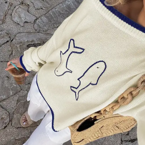 Round Neck Colorblock Loose-Fit Sweater with Double Fish Embroidery, Casual Long Sleeve Knit Top for Fall & Winter, Versatile Women's Apparel, Casual Pullover Tops, Knitwear