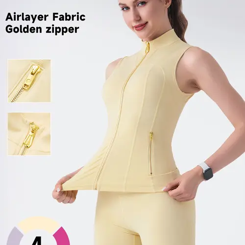 UnciaActive Women's 2-Piece Minimalist Gold-Color Zipper Vest & Tight Above-The-Knee Shorts Set - Airlayer Fabric, High Elasticity Workout Matching Sets for Women, Yoga, Gym Outfits, 2 Piece Sets,travel essentials,camping essentials Basic Clothes tiktoksh