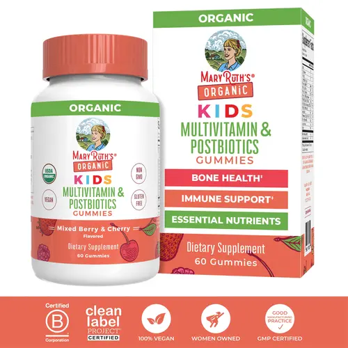MaryRuth's USDA Organic Kids Multivitamin & Postbiotics Gummies - Vegan, Non-GMO, 60 Count - Mixed Berry & Cherry Flavored - Essential Nutrients for Kids