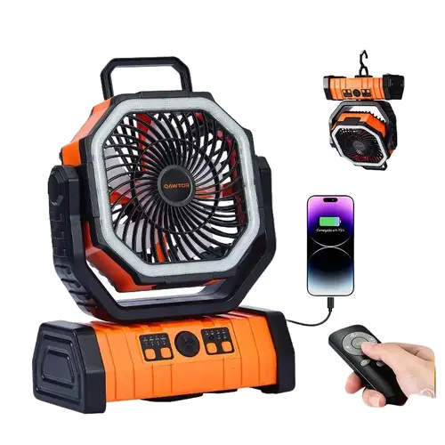 Portable Camping Fan with LED Light - Handheld Turbo Fan, Compact, Low-Noise Oscillating, Auto-Off Timer, 18000mAh Portable Charger Batteries, 360° Rotating Hook, Remote Control, Cool Gadgets for Camping, Beach Use,dorm essentials,home essentials