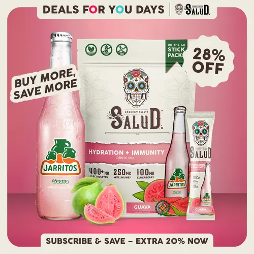 Salud x Jarritos 2-in-1 [Hydration & Immunity - Guava] Electrolytes Powder, Agua Fresca Drink Mix, Elderberry, Dairy & Soy Free, Non-GMO, Gluten Free, Vegan, 1g Sugar (15 Servings)