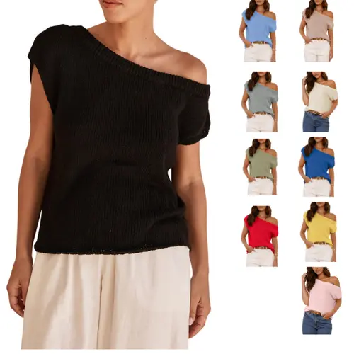 UANEO Womens Off Shoulder Sweater Y2K Short Sleeve Ribbed Knit Pullover Date Night Top Blouse SummerVibes
