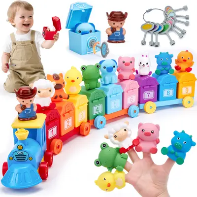 Hahaland Montessori Farm Train Multi-Activity Playset - Unisex Interactive Kids Toy, Farm Animals Finger Puppets, Lock-Unlock Barn Keys, Magnetic Blocks for Toddlers, Counting Matching Sorting Tool, 1-3 Year Olds Gift, Back to School