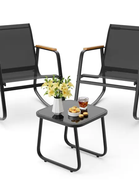 GIZOON 3 Piece Rocking Bistro Set, Textilene Patio Chairs for Garden, Black | Textilene Fabric Patio Furniture Set, Front Porch Rocker Chairs with Coffee Table for Lawn, Garden, Balcony, Poolside