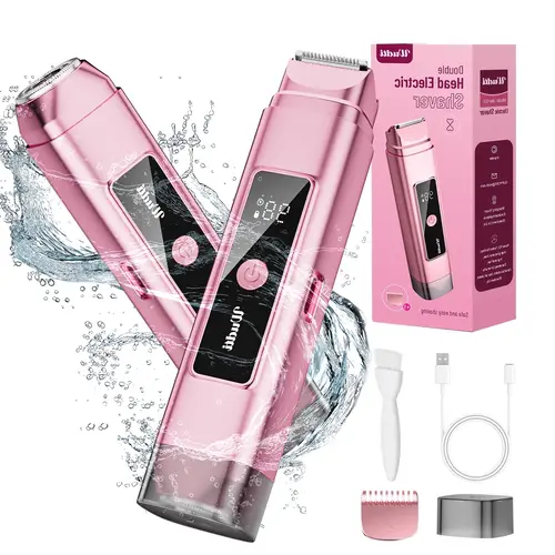 [Tiktokshopstockup]Upgrade Protection Electric Bikini Trimmer for Women 2-in-1 Razor & Shaver with Dual Heads for Body Pubic Hair, IPX6 Waterproof with LED Display - Rechargeable Lady Trimmer for Underarm Body Leg Face ,