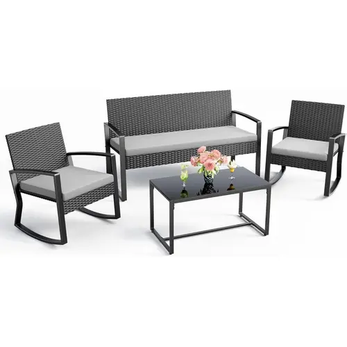 GIZOON 4 Piece Outdoor Patio Furniture Set, Wicker Patio Furniture with Glass Coffee Table, Rocking Wicker Bistro Set, for Backyard, Poolside, Porch (Grey) | Wicker Patio Furniture with Glass Coffee Table, Rocking Wicker Bistro Set, for Backyard, Poolside