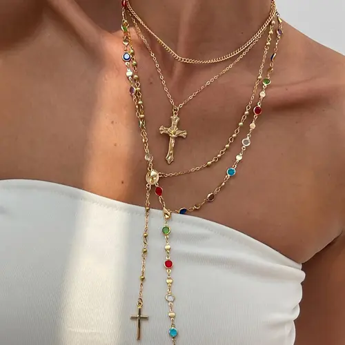 4 Piece Set Vintage Metal Jesus Cross Y-Style Long Necklace, Chain Necklaces, Stackable Necklace, Faith Style Necklaces, Bohemian Style Colorful Crystal Glitter Religious Cross Design Pendant Jewelry, Gift for Women