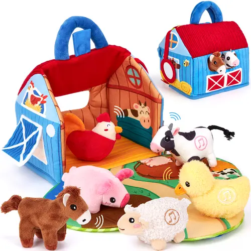 hahaland Surprise Barn Playset with Stuffed Farm Animals & Real Sounds /Jungle Plush Animal Set with Sounds & Words- Kids Toys, Toddler Sensory Products, Montessori Educational Language Toy for 6-Month-Old, 1-Year-Old, Baby Shower Gift