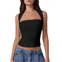 QINSEN Women's Shoulder-Covering Wide Strap Square Neck Sleeveless Fitted Tank Top