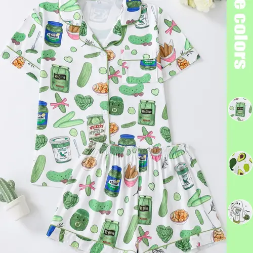 2-Piece Vegetable Print Women's Pajama Set, Button-Up Short Sleeve Top and Comfortable Shorts, Elegant Sleepwear and All Seasons Loungewear for All-Season Wear, Comfy Pajama Sets, Pyjamas