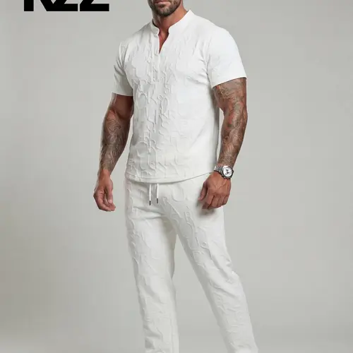KZZ Menswear Men's 2-Piece Sets - Casual Short-Sleeve Textured Notched Neck Tee, Regular-Fit Elastic Waistband Drawstring Trousers, Spring/Fall Quick-Wear Male Clothing Outfit, Gift For Him,sohochic
